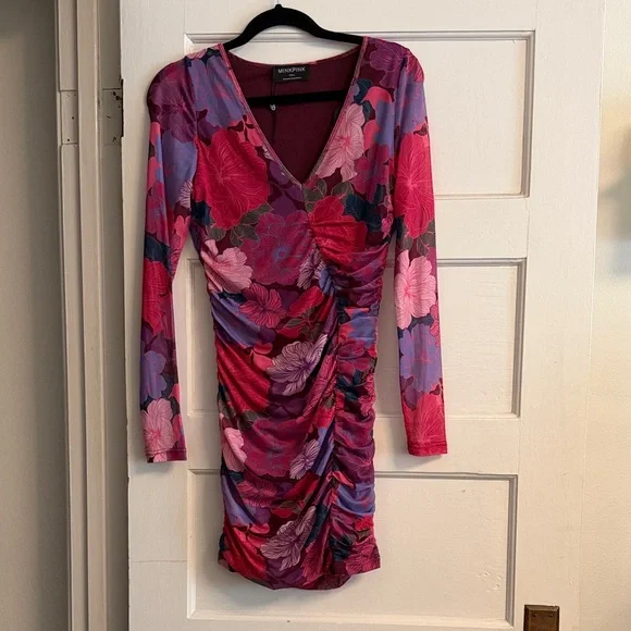 MINKPINK Pink and Purple Floral Ruched Long-Sleeve Mini Dress - Picture 3 of 4